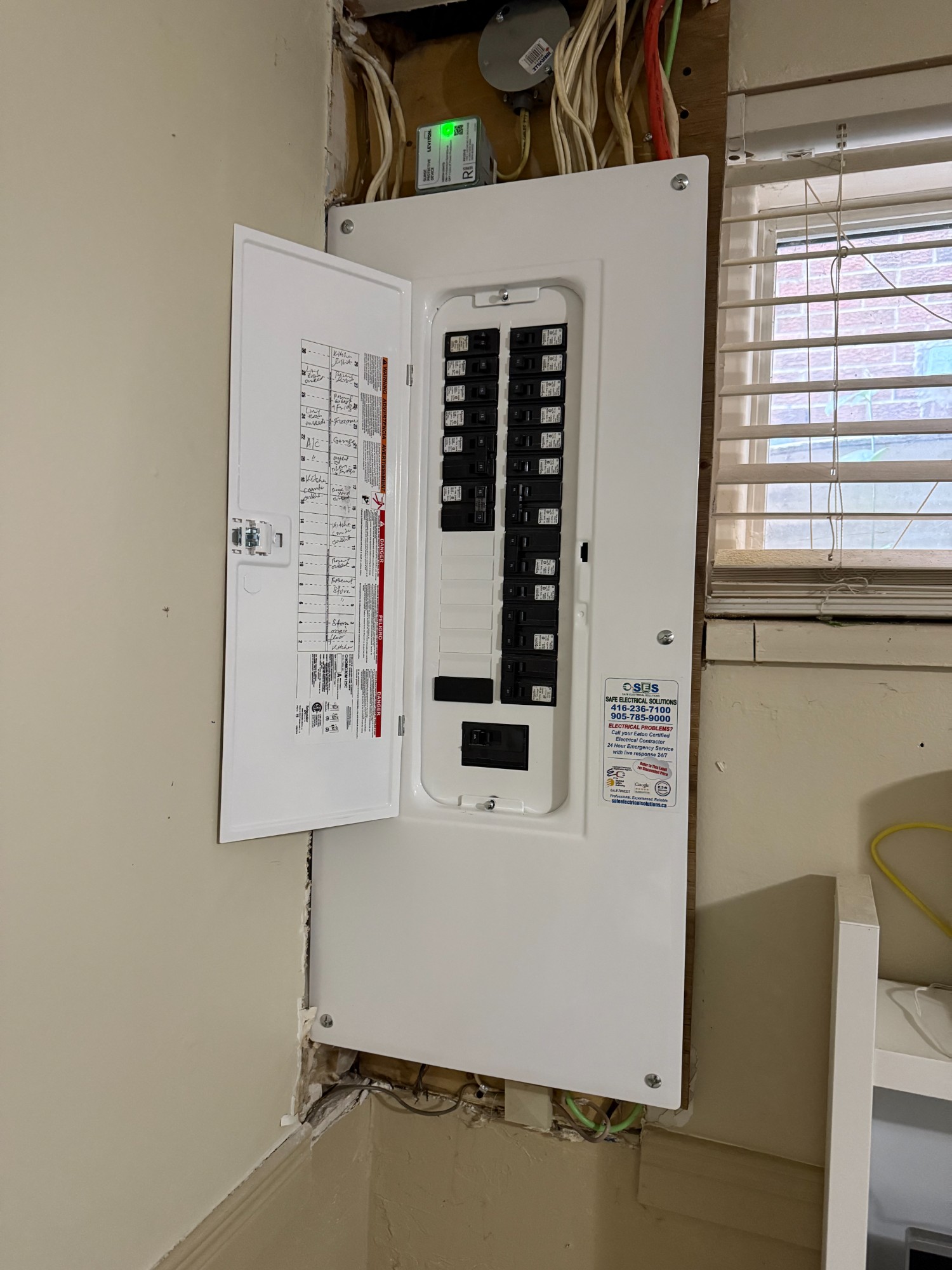 Completed Eaton 200A panel installation with circuit labels by Safe Electrical Solutions Toronto